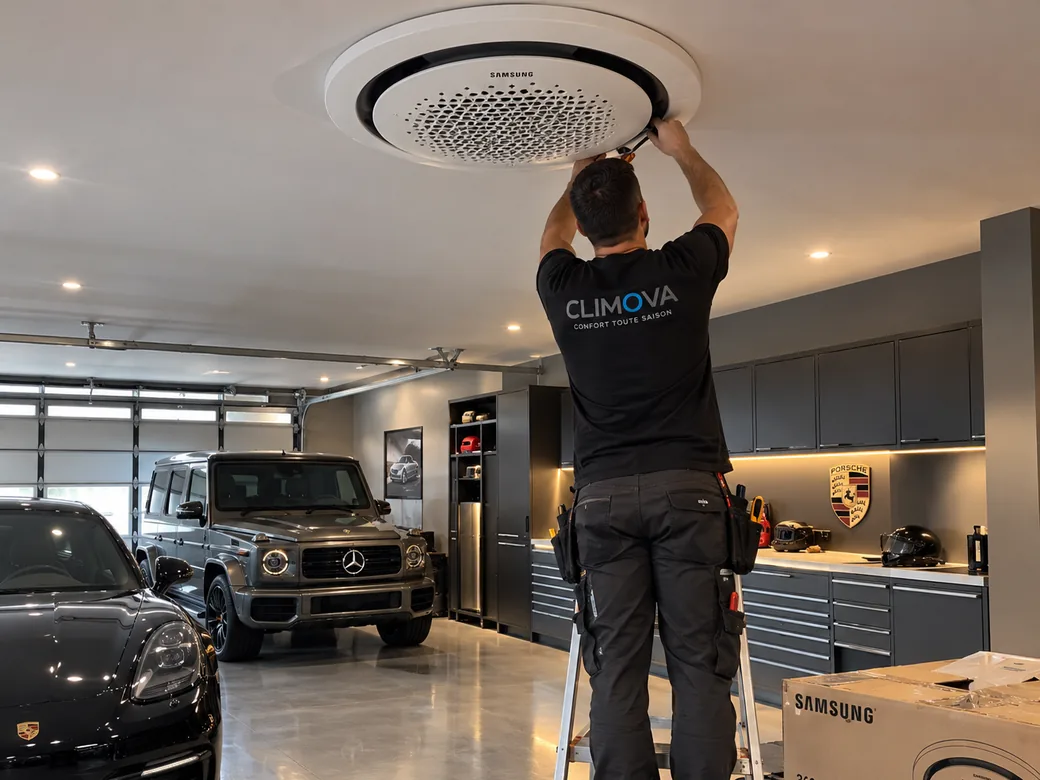 Cassette de climatisation Samsung au plafond d'un atelier automobile