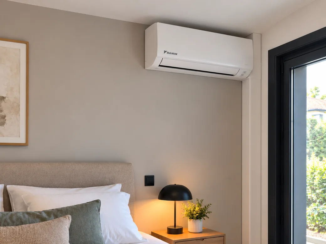 Climatiseur mural Daikin installé au-dessus d'un lit dans une chambre lumineuse