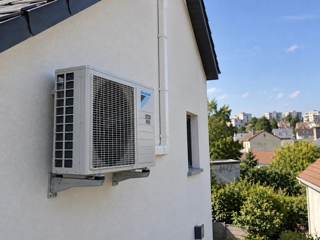Unité extérieure de climatisation Daikin fixée sur la façade d'un pavillon