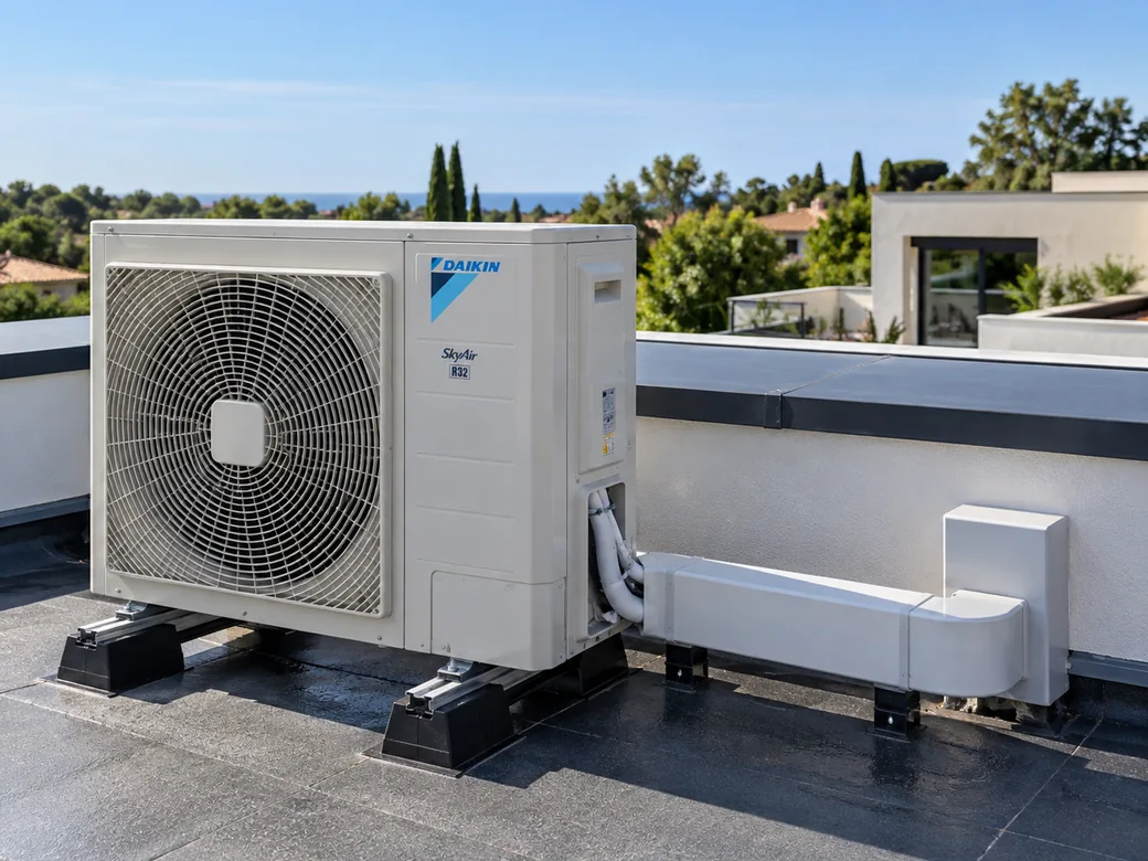 Unité extérieure de climatisation multi-split installée sur un toit-terrasse