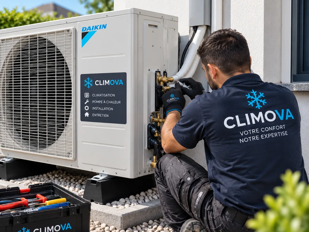 Installateur réglant une unité de pompe à chaleur air-air