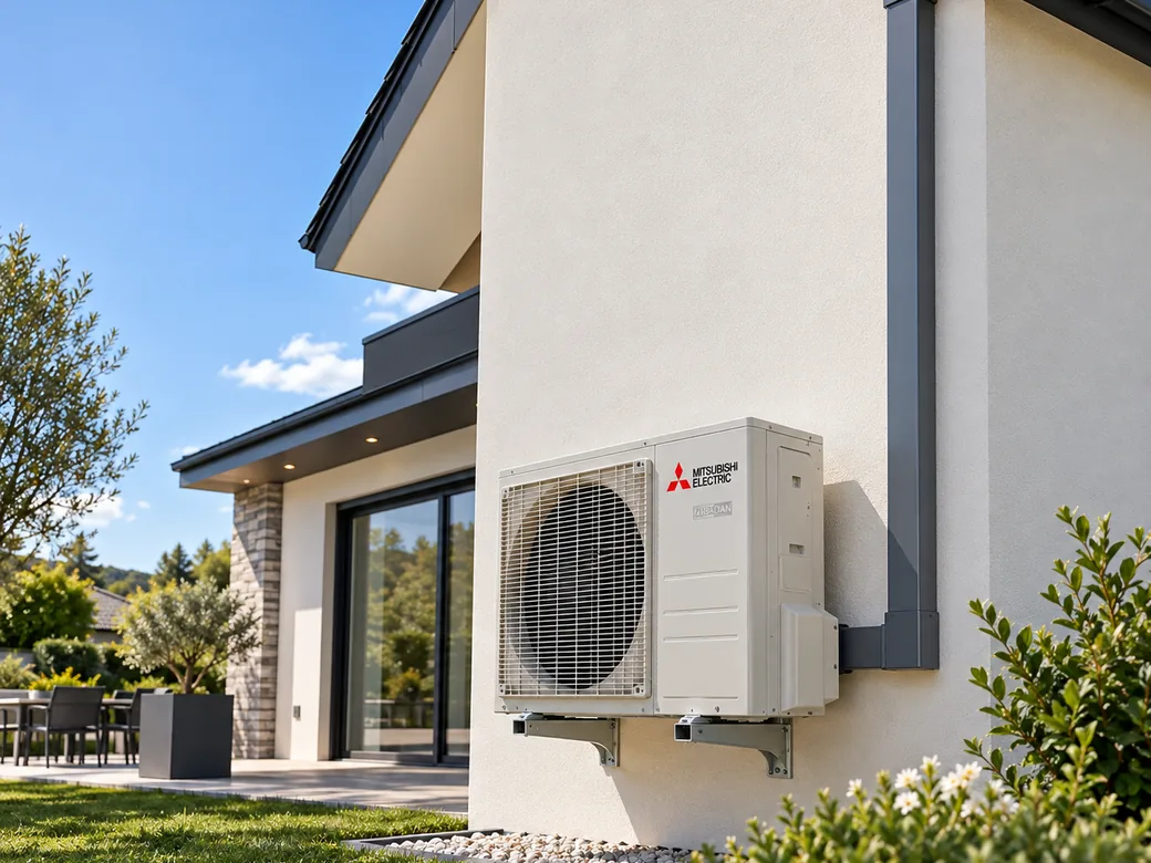 Unité extérieure de pompe à chaleur Mitsubishi Electric fixée sur la façade d'un pavillon moderne